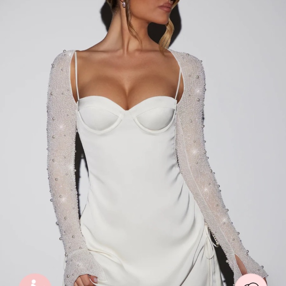 Oh Polly Ivory Geneva L\s Pearl Embellished Mini Dress-sz 2